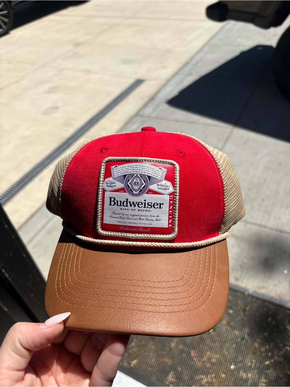 Budweiser Red and Tan Mesh Trucker Hat with Leather-Look Brim